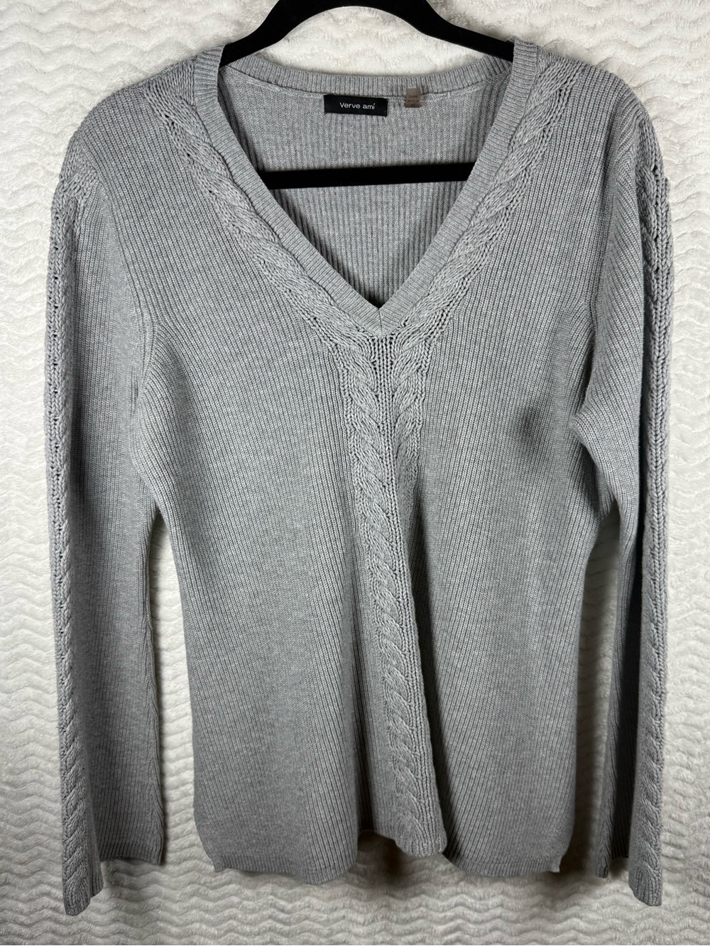 Verve Ami Light Gray V-Neck Cable-Detail Sweater